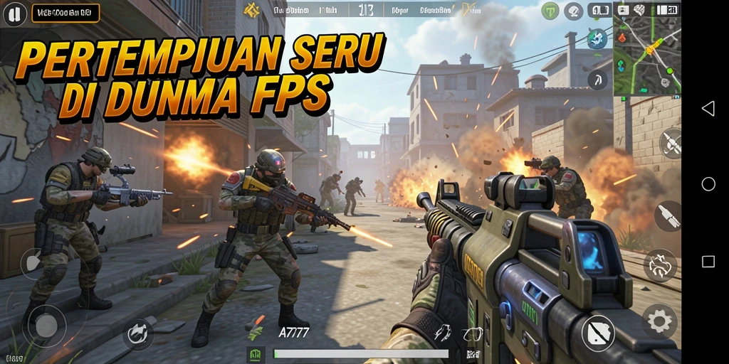Tampilan aksi seru dalam A7777 saat berperang di medan FPS.