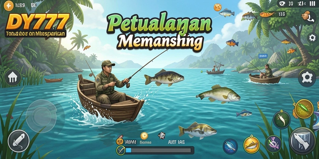 Menampilkan gameplay menarik dalam DY777 saat memancing ikan di laut.