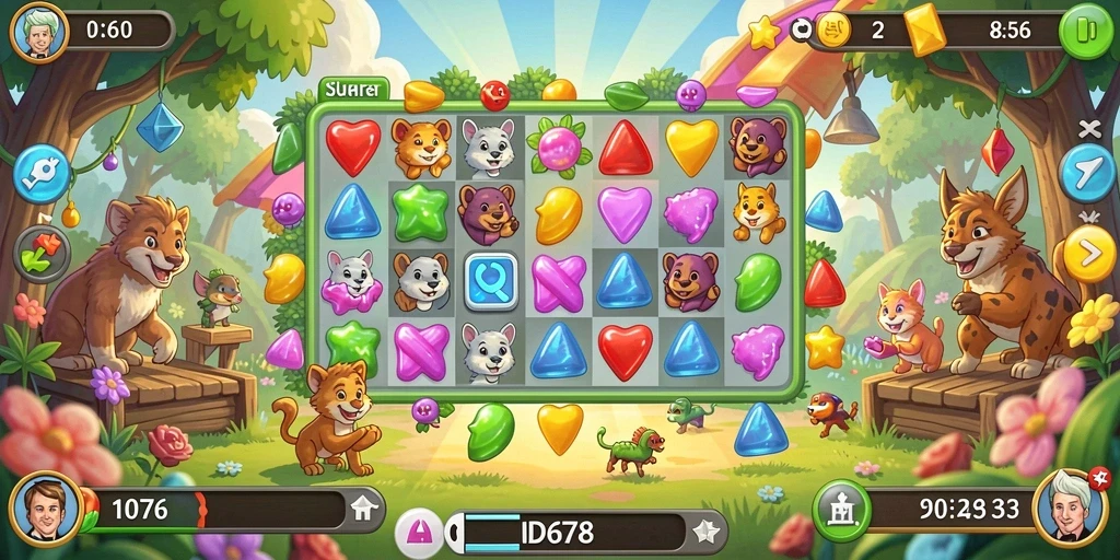 Tangkapan layar gameplay ID678 dengan grafis ceria dan karakter lucu.