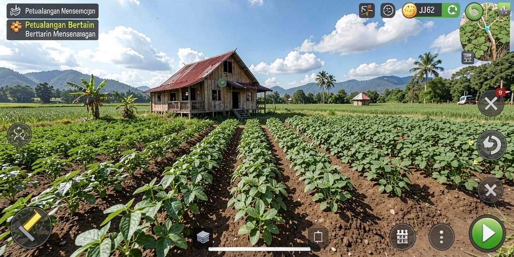 Screenshot gameplay JJ62 yang menunjukkan aktivitas bertani yang seru.