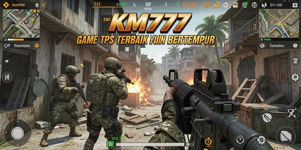 Tangkapan layar utama KM777 menampilkan aksi pertempuran seru dalam gameplay TPS.