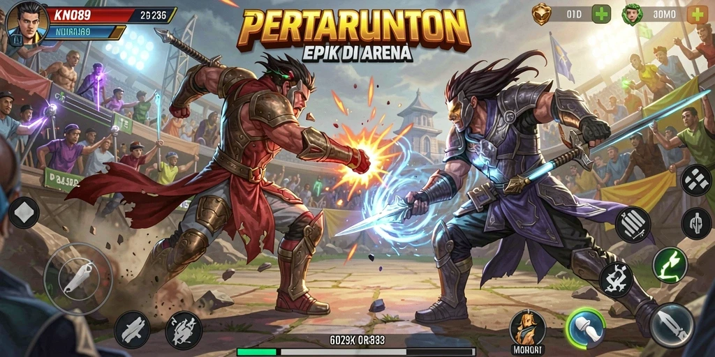 Gameplay action-packed dengan karakter bertarung di arena KNO89.
