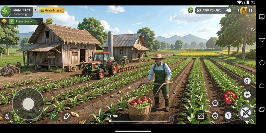 Tampilan gameplay MAMEN123 yang menggambarkan aktivitas pertanian yang menyenangkan.