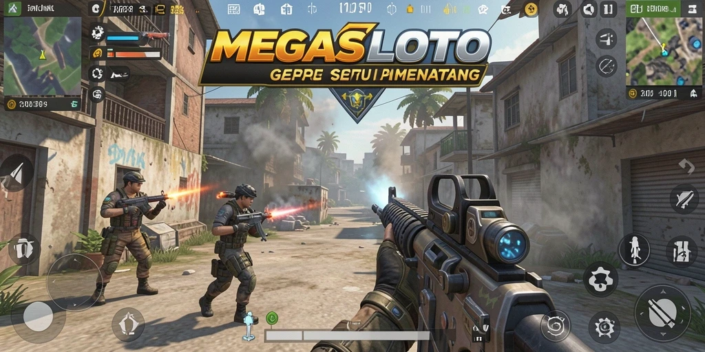 Screenshot MEGASLOTO menampilkan aksi menembak yang mendebarkan.