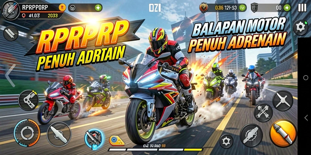 Tampilan gameplay RPRPRP dengan balapan motor yang seru dan menantang.
