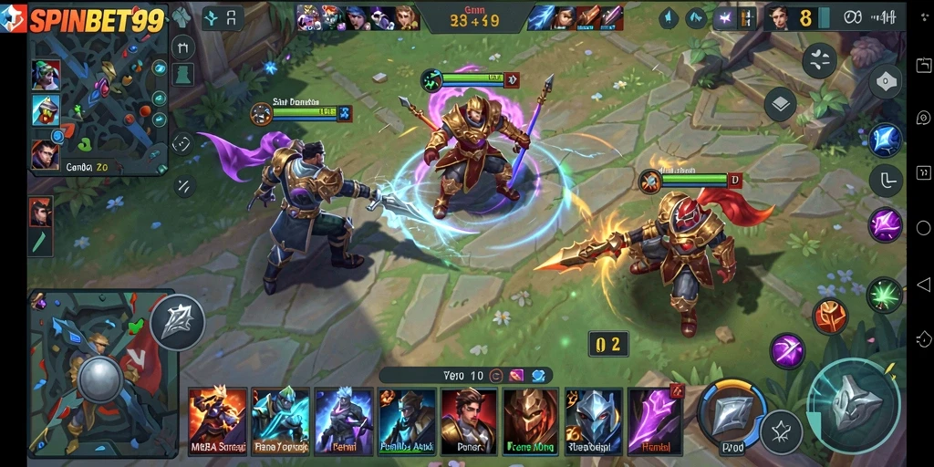 Screenshot gameplay SPINBET99 yang menunjukkan aksi pertarungan MOBA yang seru.