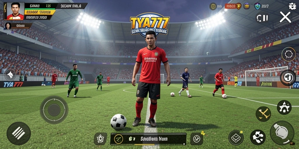 Screenshot gameplay TYA777 dengan aksi seru di lapangan sepak bola.